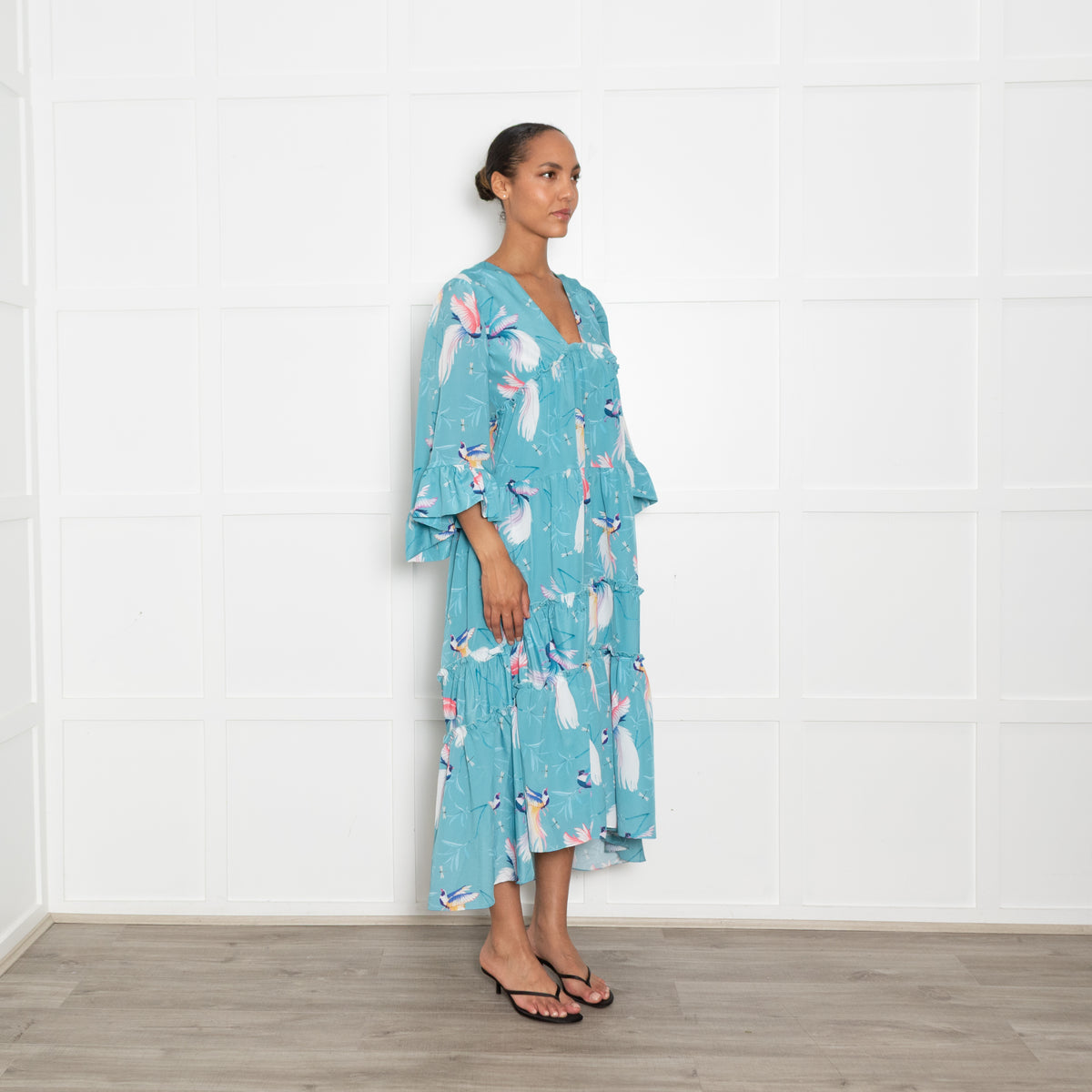 Borgo de Nor Turquoise Bird Print Tiered Maxi Dress