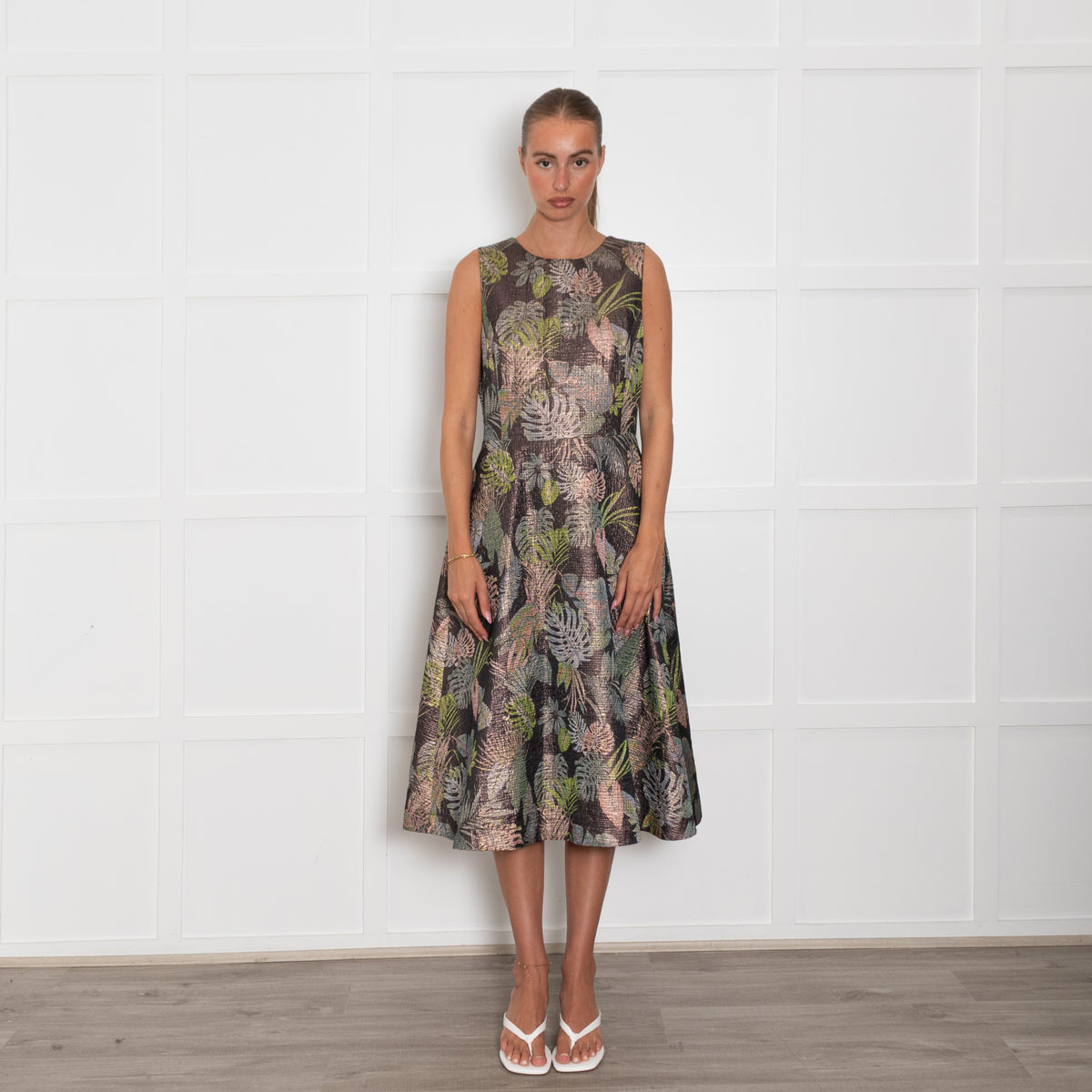 Essentiel Antwerp Bronze Leafy Print Sleeveless Dress