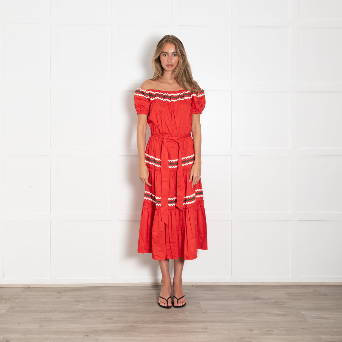 Tory Burch Red Cream Khaki Rick Rack Ribbon Trim Maxi Dress