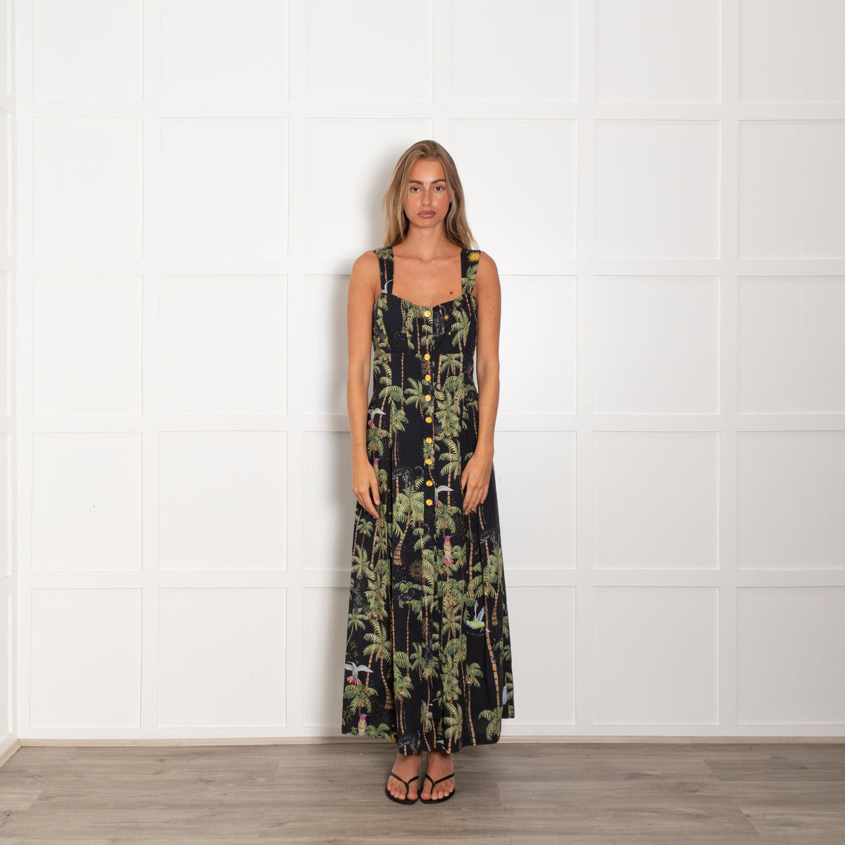 Hayley Menzies Black Cotton Palm Tree Print Sleeveless Dress