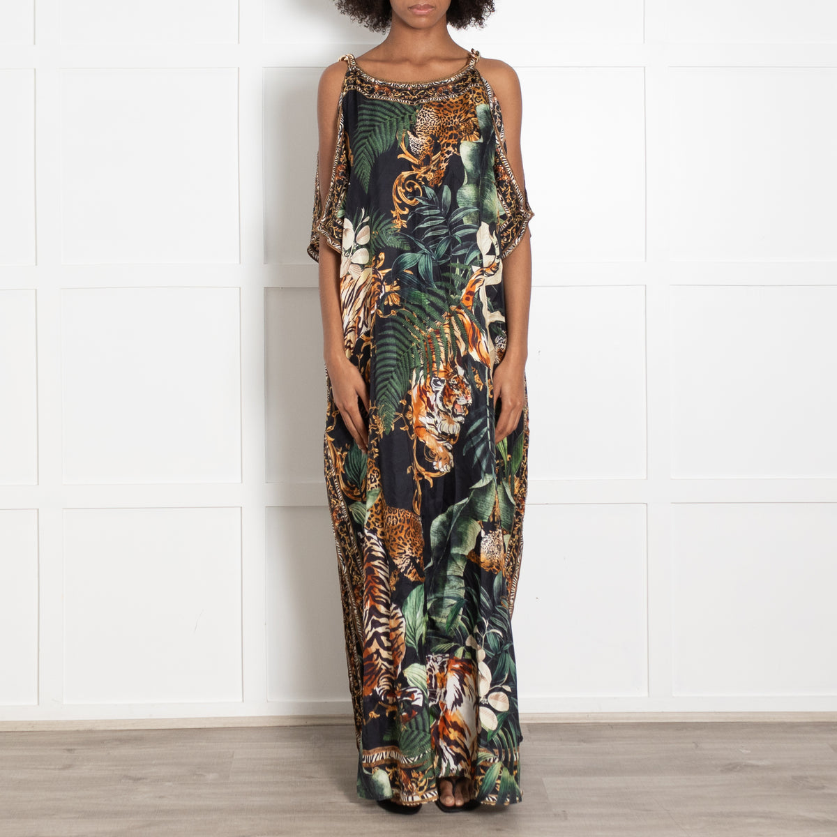 Camilla Black Green Orange Jungle Print Beaded Kaftan