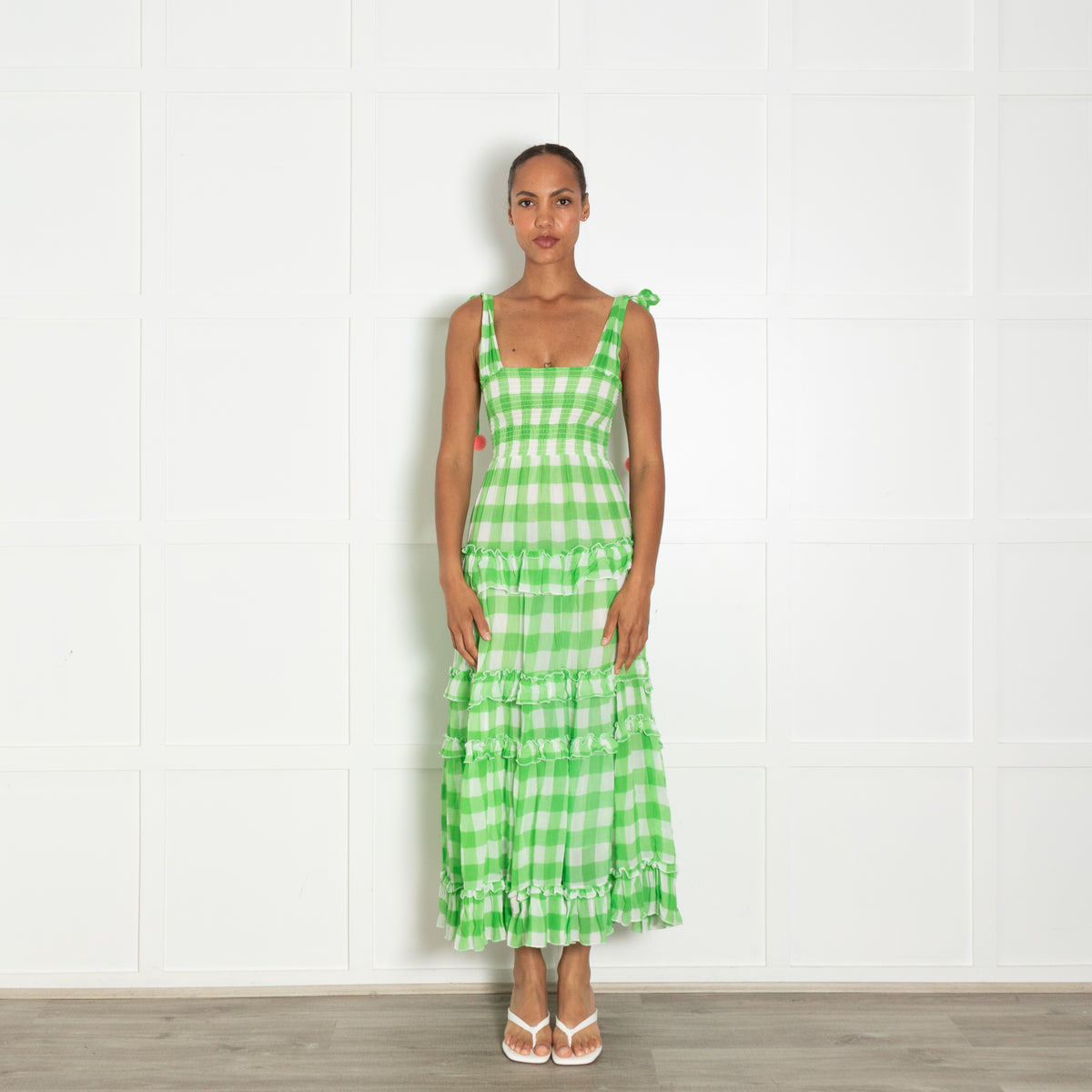 Sundress Green White Check Pink Pom Pom Sleeveless Dress