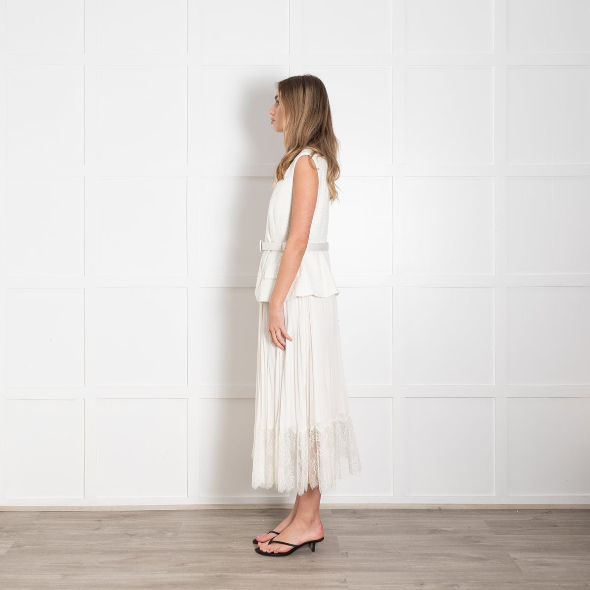 Self Portrait Cream Tailored Boucle And Chiffon Belted Dress