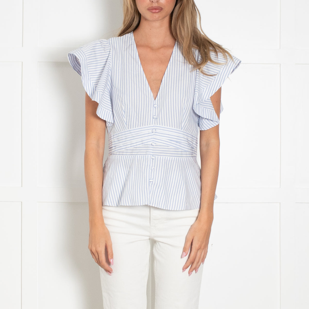 Veronica Beard Blue White Stripe Cotton Cap Sleeve Fitted Peplum Top