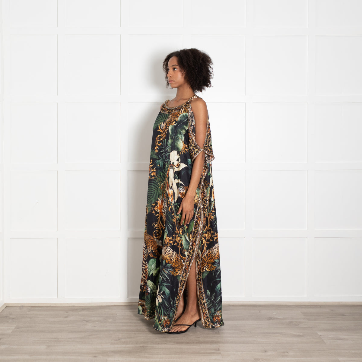 Camilla Black Green Orange Jungle Print Beaded Kaftan