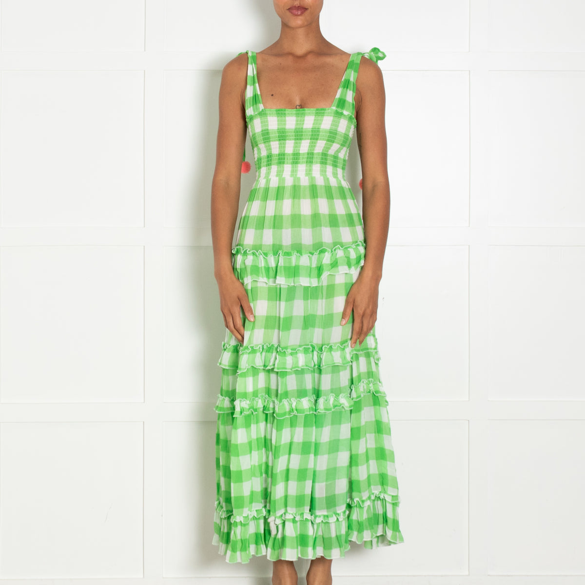 Sundress Green White Check Pink Pom Pom Sleeveless Dress
