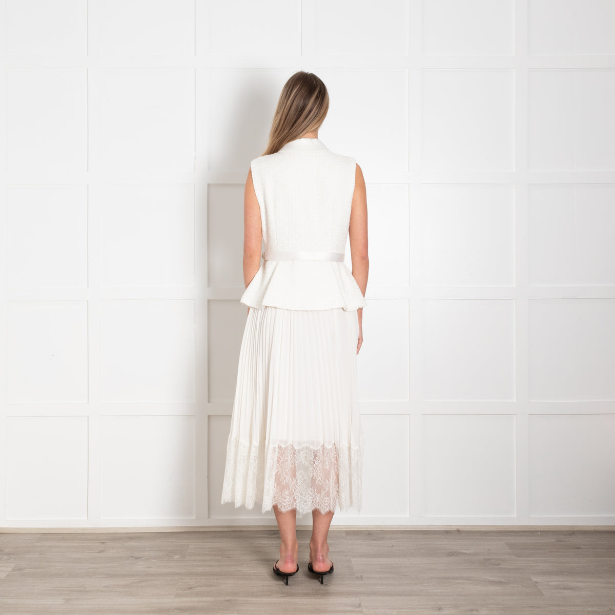 Self Portrait Cream Tailored Boucle And Chiffon Belted Dress
