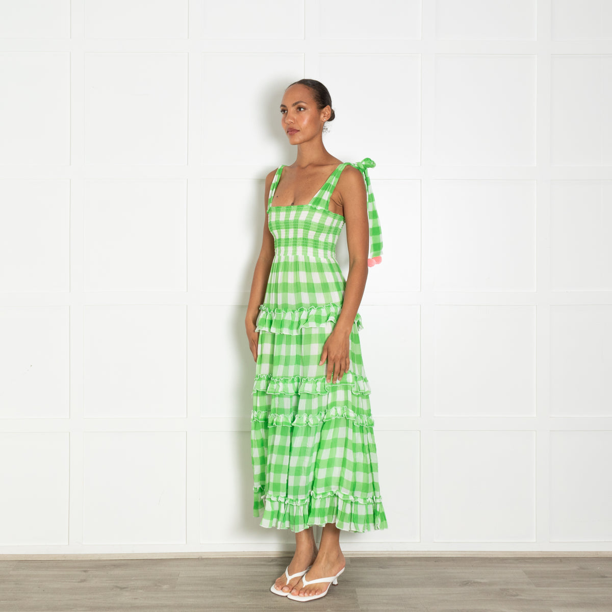 Sundress Green White Check Pink Pom Pom Sleeveless Dress