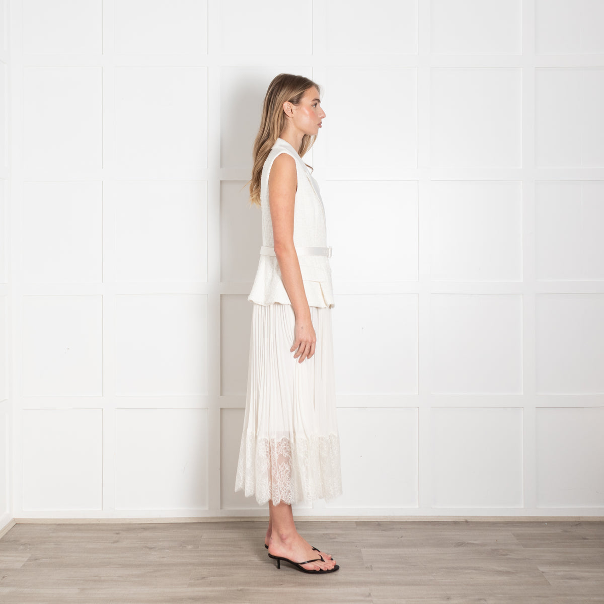 Self Portrait Cream Tailored Boucle And Chiffon Belted Dress