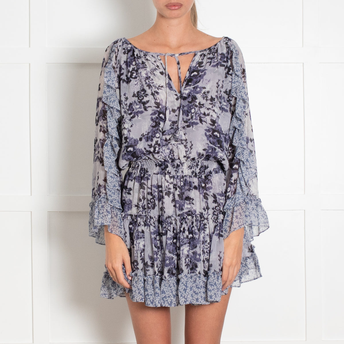 Misa Los Angeles Blue Floral Elasticated Waist Mini Dress