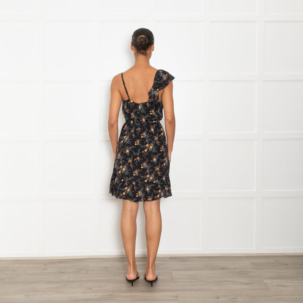 Sandro Black Yellow Floral Frill Detail Dress UK 10