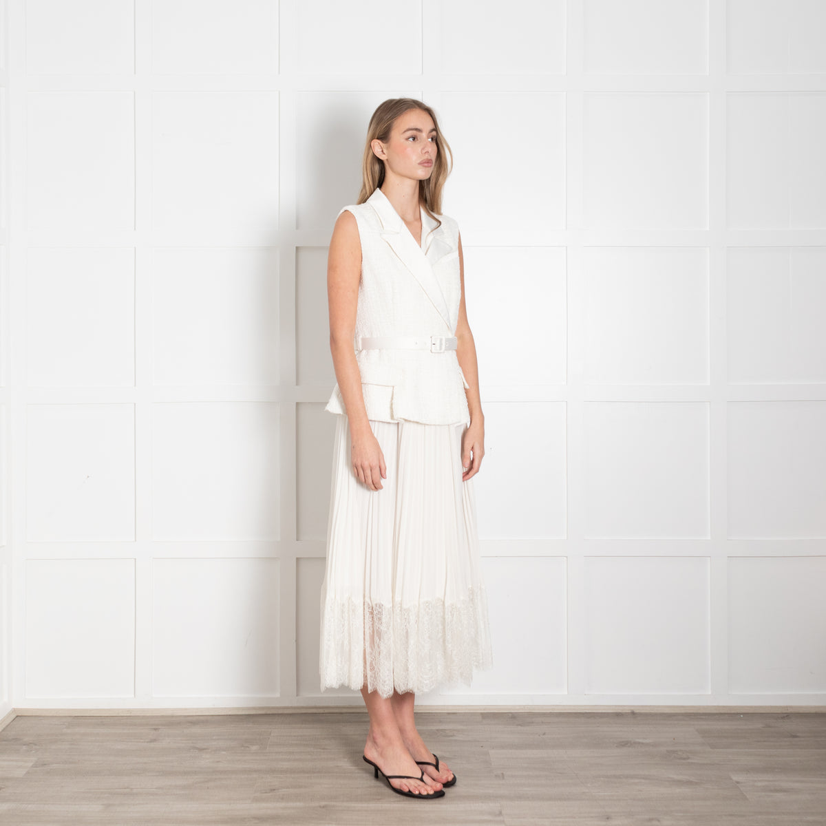 Self Portrait Cream Tailored Boucle And Chiffon Belted Dress