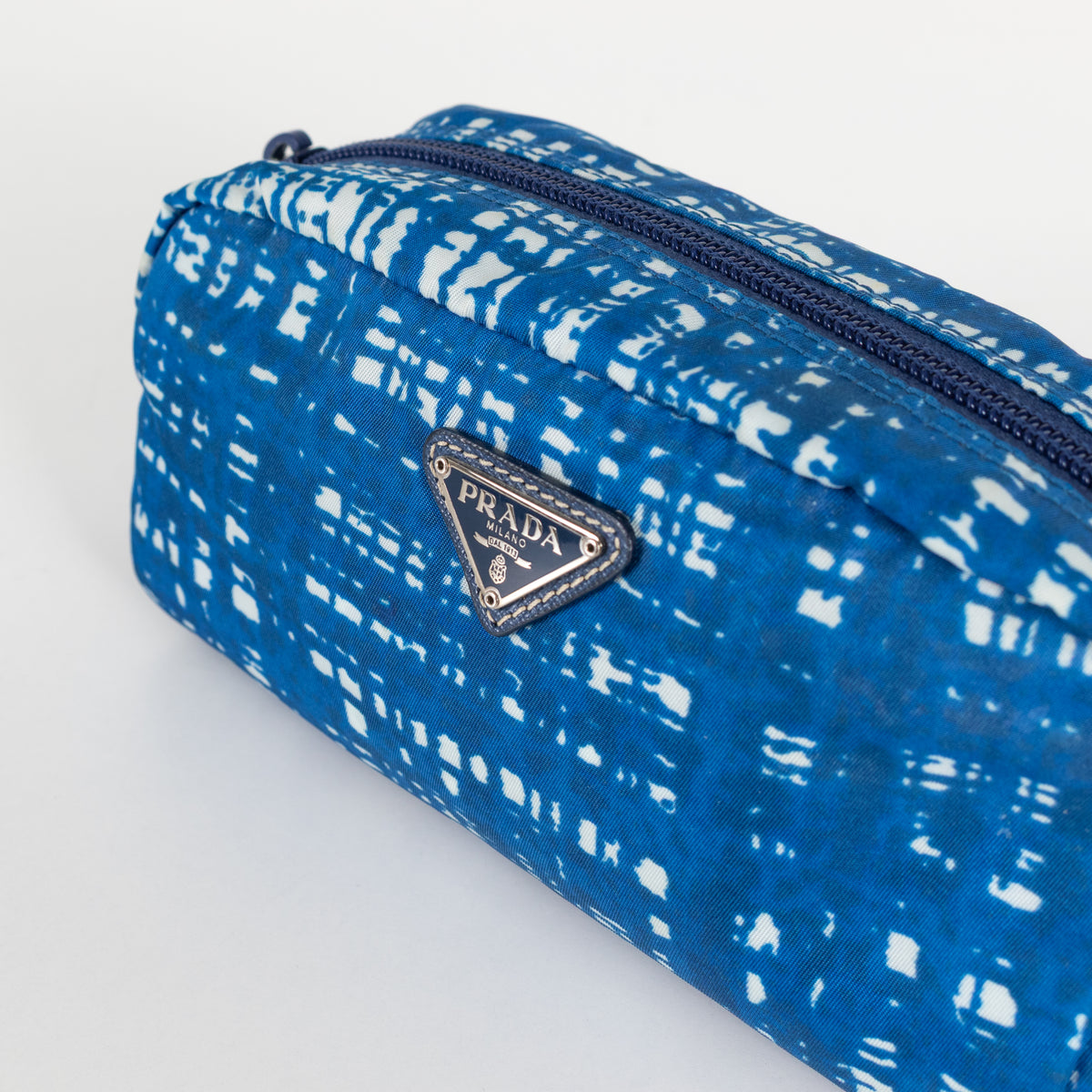 Prada Blue and White Nylon Zip Around Cosmetic Pouch