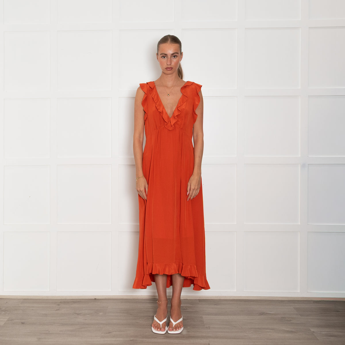 Zimmermann Orange Silk Frilled Midi Dress