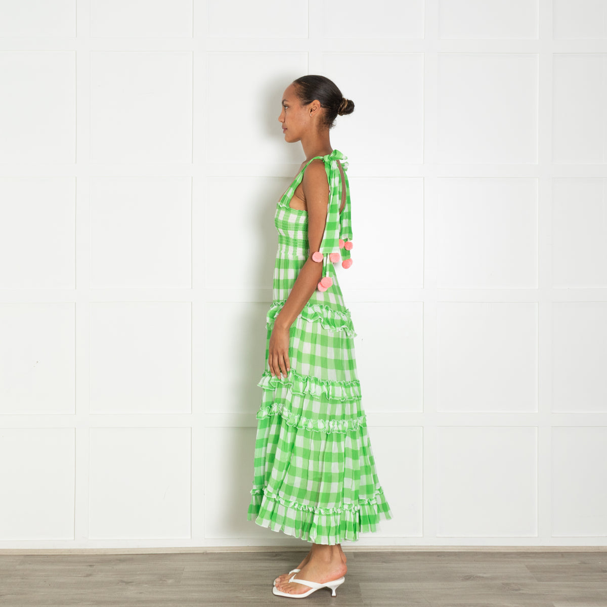 Sundress Green White Check Pink Pom Pom Sleeveless Dress
