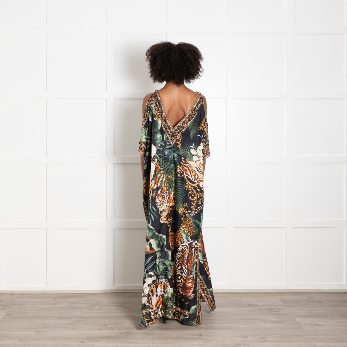 Camilla Black Green Orange Jungle Print Beaded Kaftan