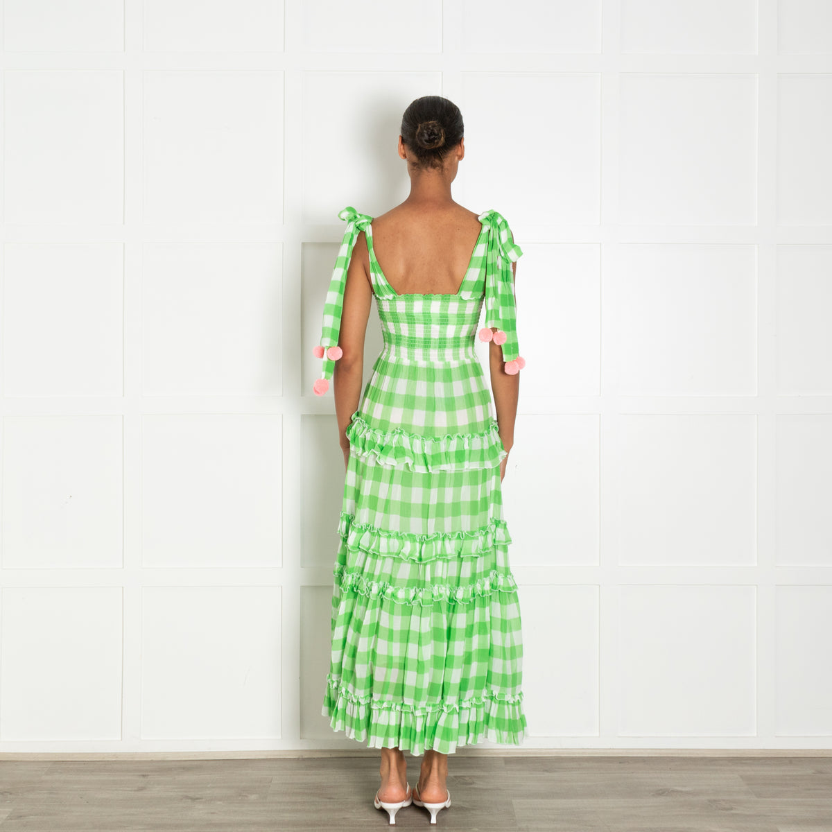 Sundress Green White Check Pink Pom Pom Sleeveless Dress
