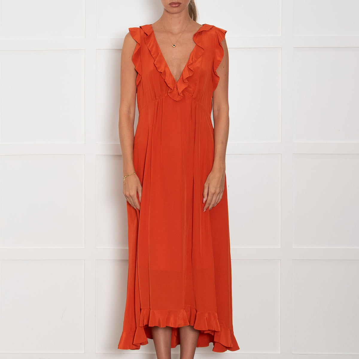 Zimmermann Orange Silk Frilled Midi Dress
