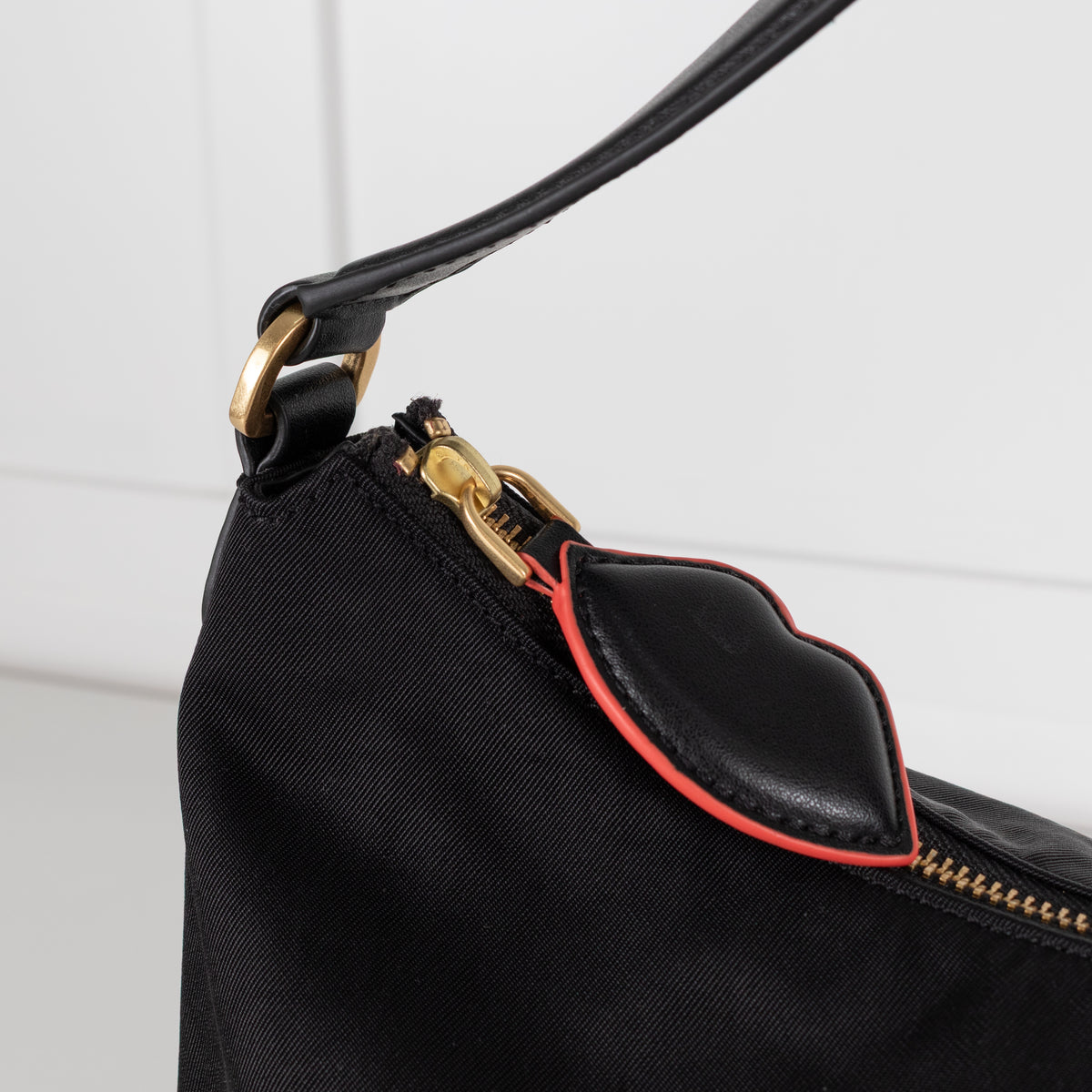 Lulu Guinness Black Canvas Shoulder Bag with Lips Charm