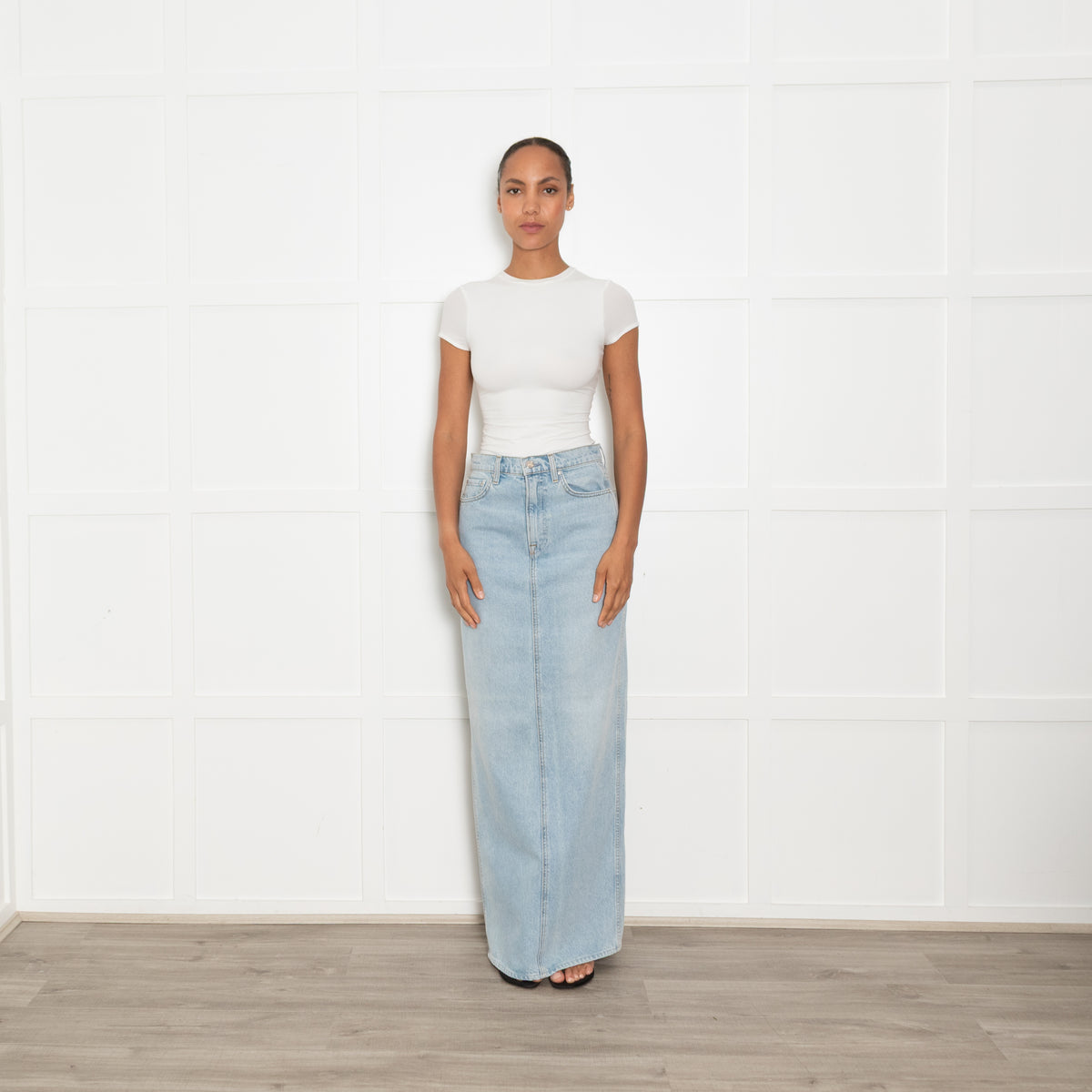 GRLFRND Washed Blue Denim Maxi Skirt