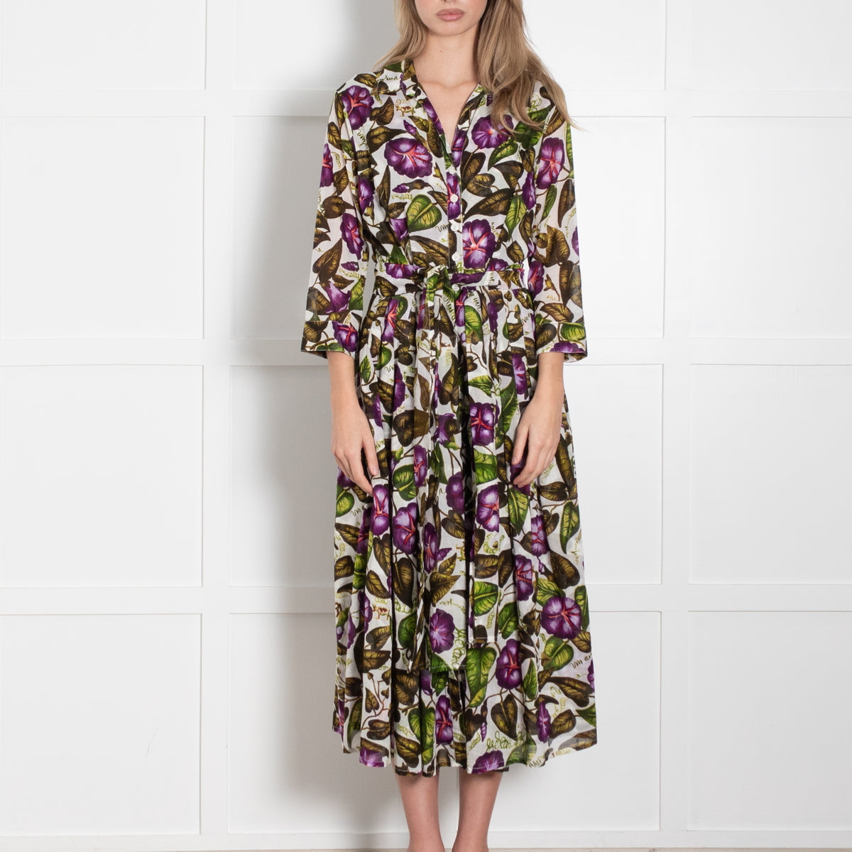 Samantha Sung White Green Purple Floral Cotton Belted Midi Dress