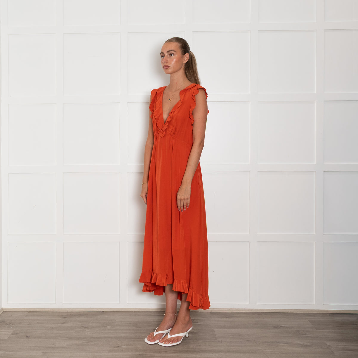 Zimmermann Orange Silk Frilled Midi Dress