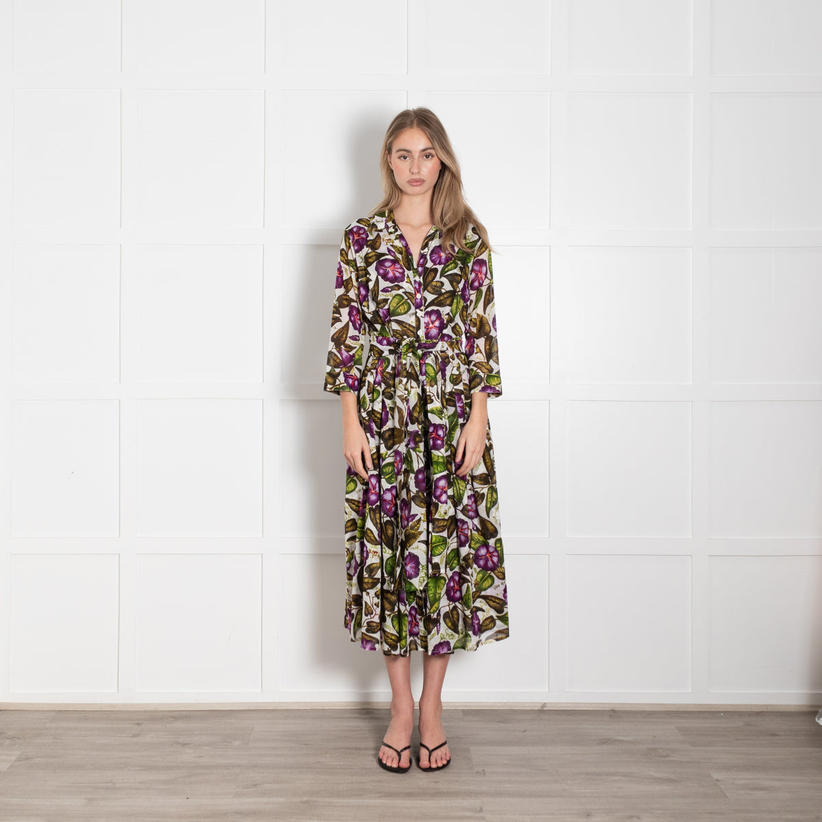 Samantha Sung White Green Purple Floral Cotton Belted Midi Dress