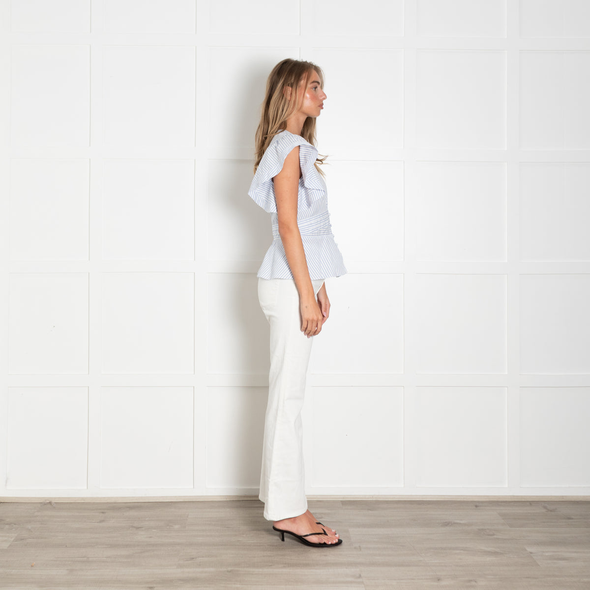 Veronica Beard Blue White Stripe Cotton Cap Sleeve Fitted Peplum Top