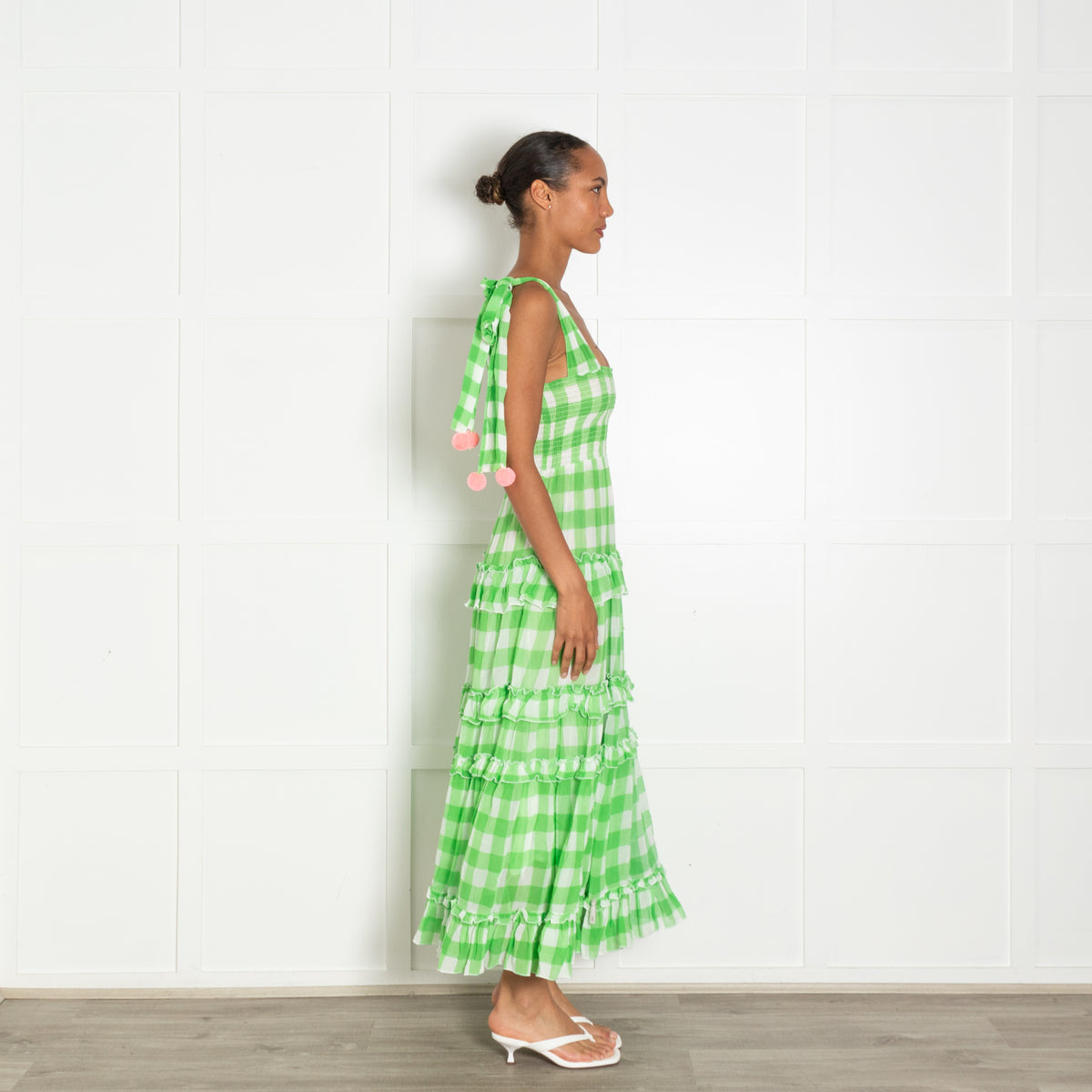 Sundress Green White Check Pink Pom Pom Sleeveless Dress