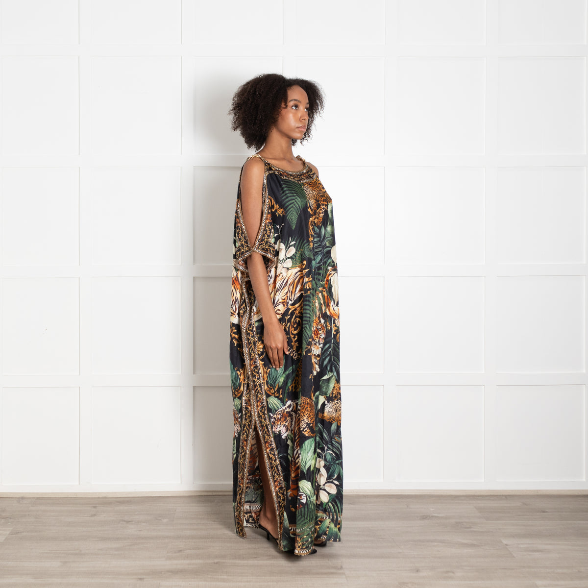 Camilla Black Green Orange Jungle Print Beaded Kaftan