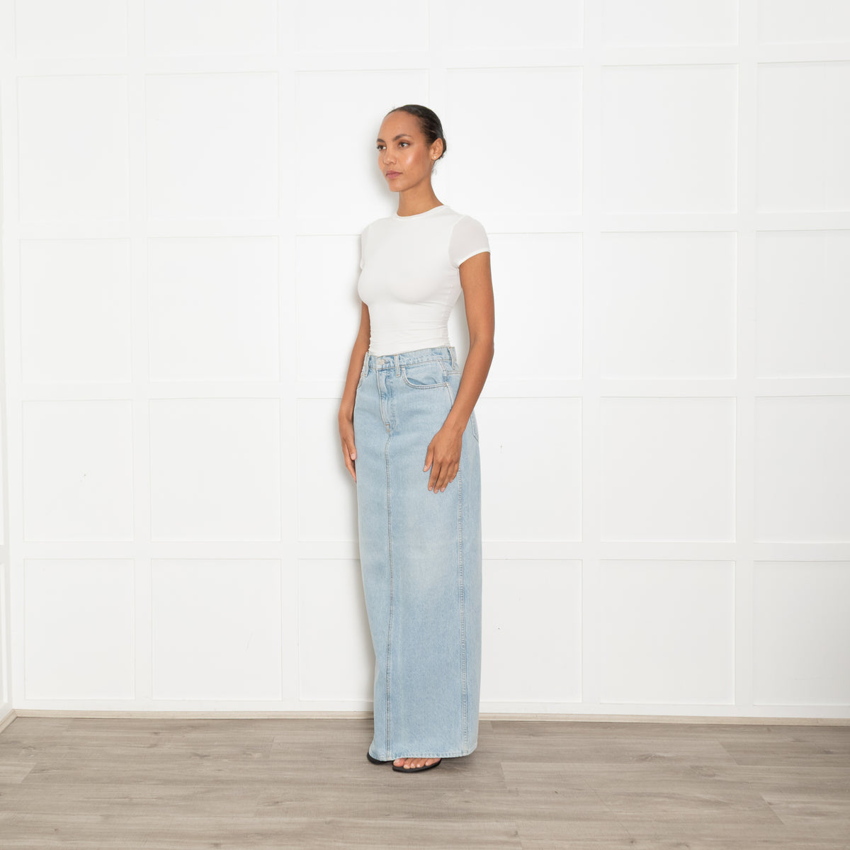 GRLFRND Washed Blue Denim Maxi Skirt