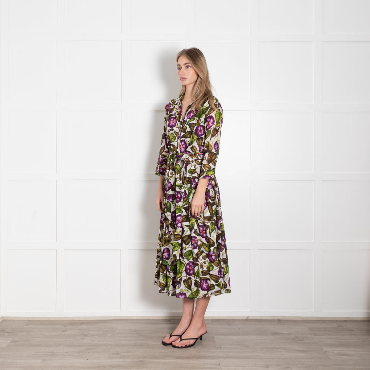 Samantha Sung White Green Purple Floral Cotton Belted Midi Dress