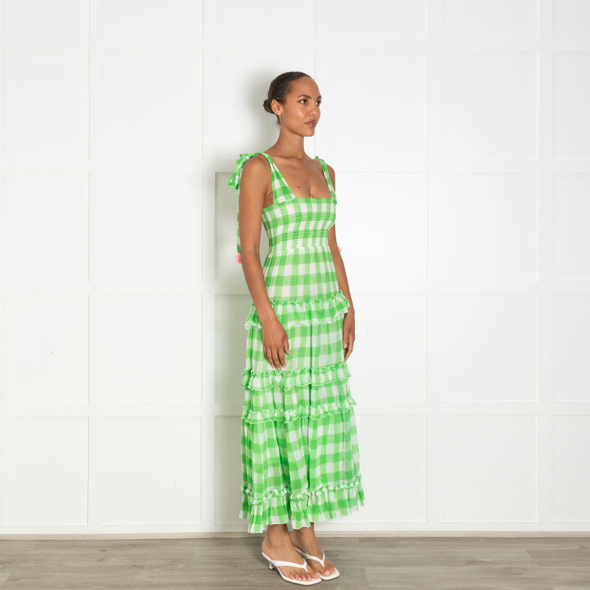 Sundress Green White Check Pink Pom Pom Sleeveless Dress