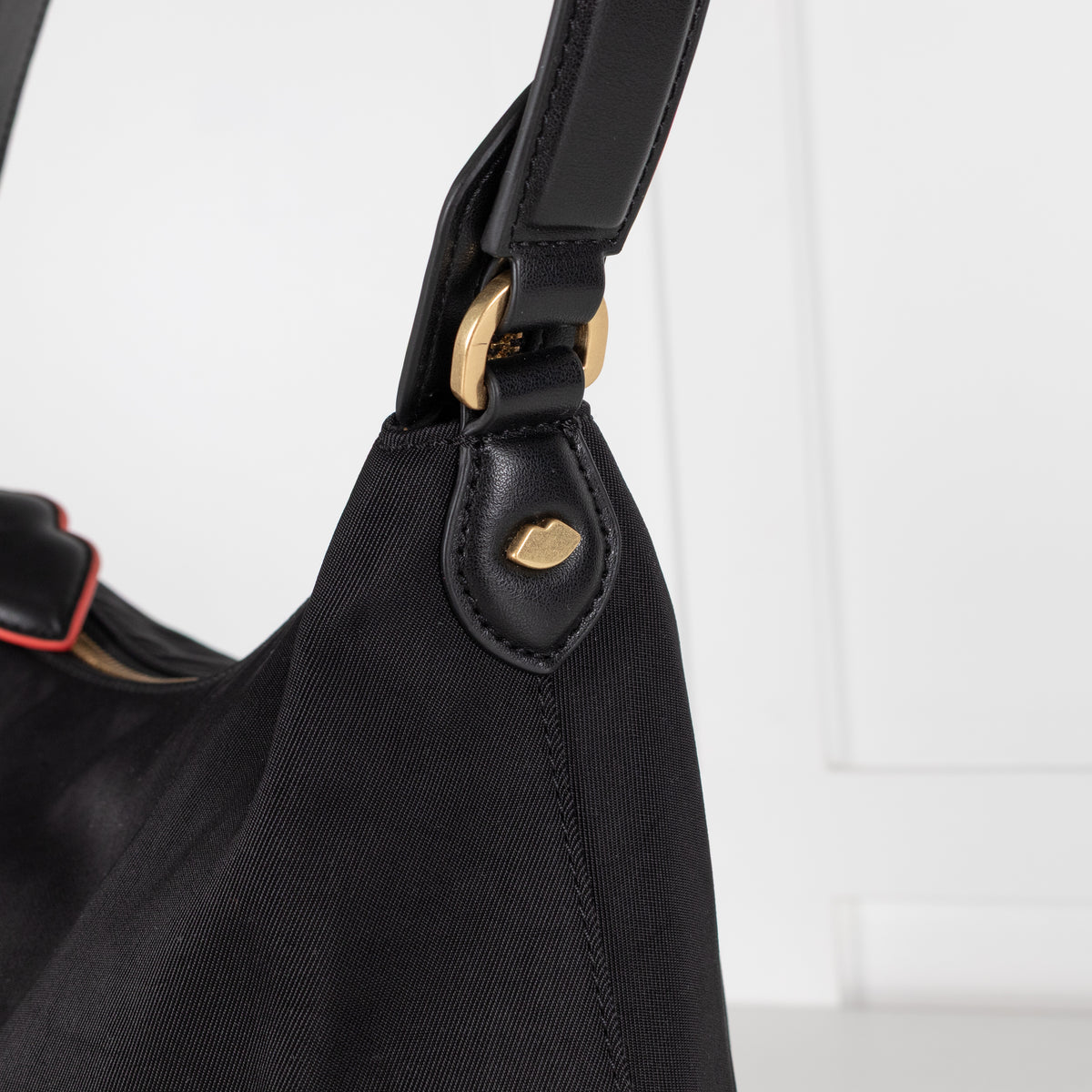 Lulu Guinness Black Canvas Shoulder Bag with Lips Charm