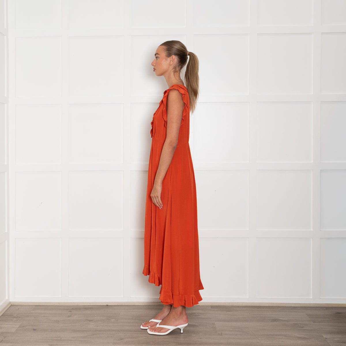 Zimmermann Orange Silk Frilled Midi Dress