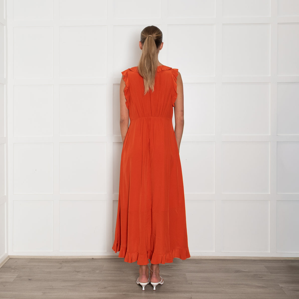 Zimmermann Orange Silk Frilled Midi Dress