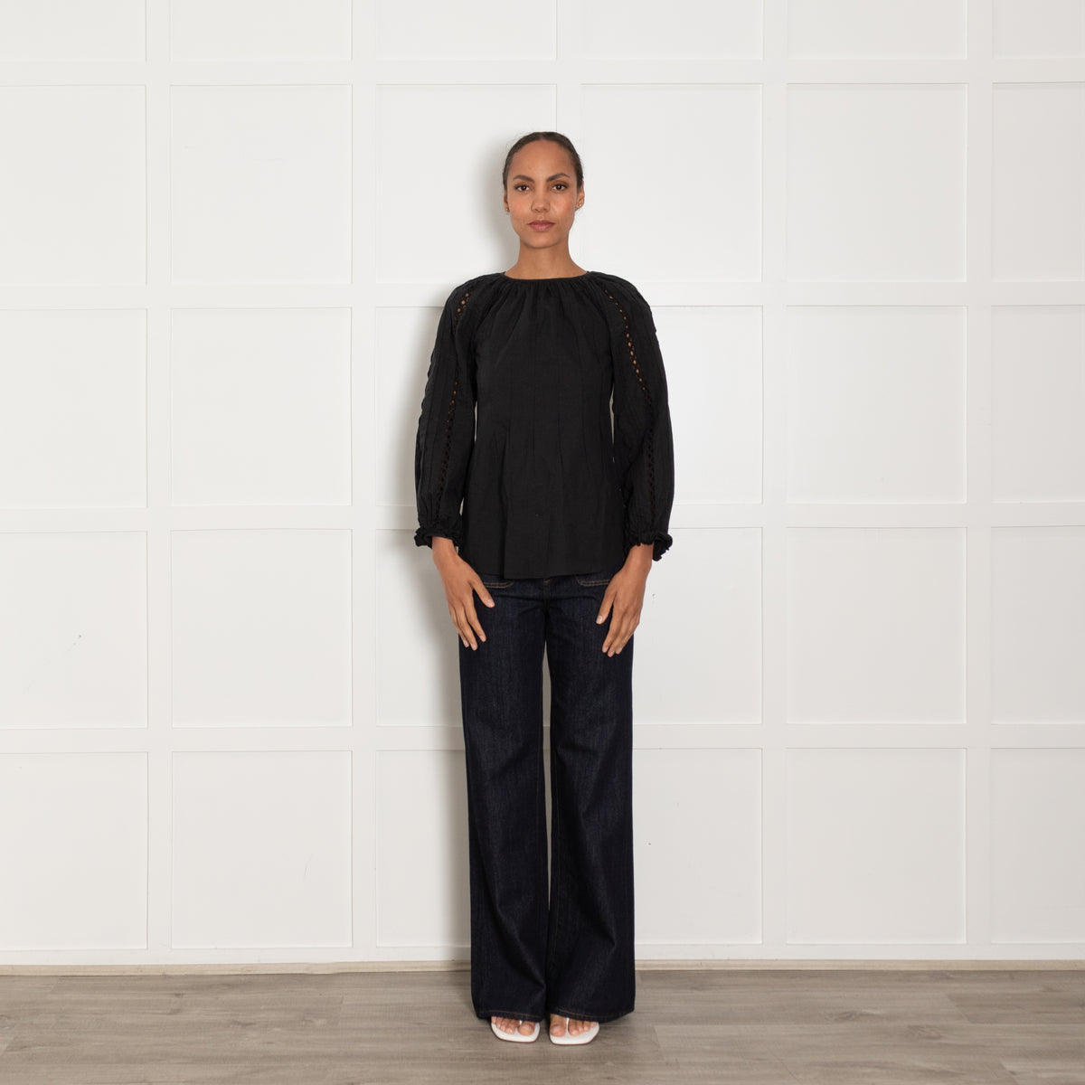 See By Chloe Black Cotton Lace Detail Long Sleeve Top