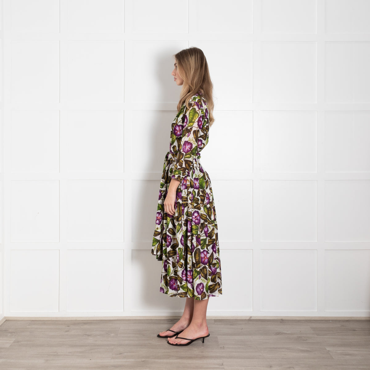Samantha Sung White Green Purple Floral Cotton Belted Midi Dress