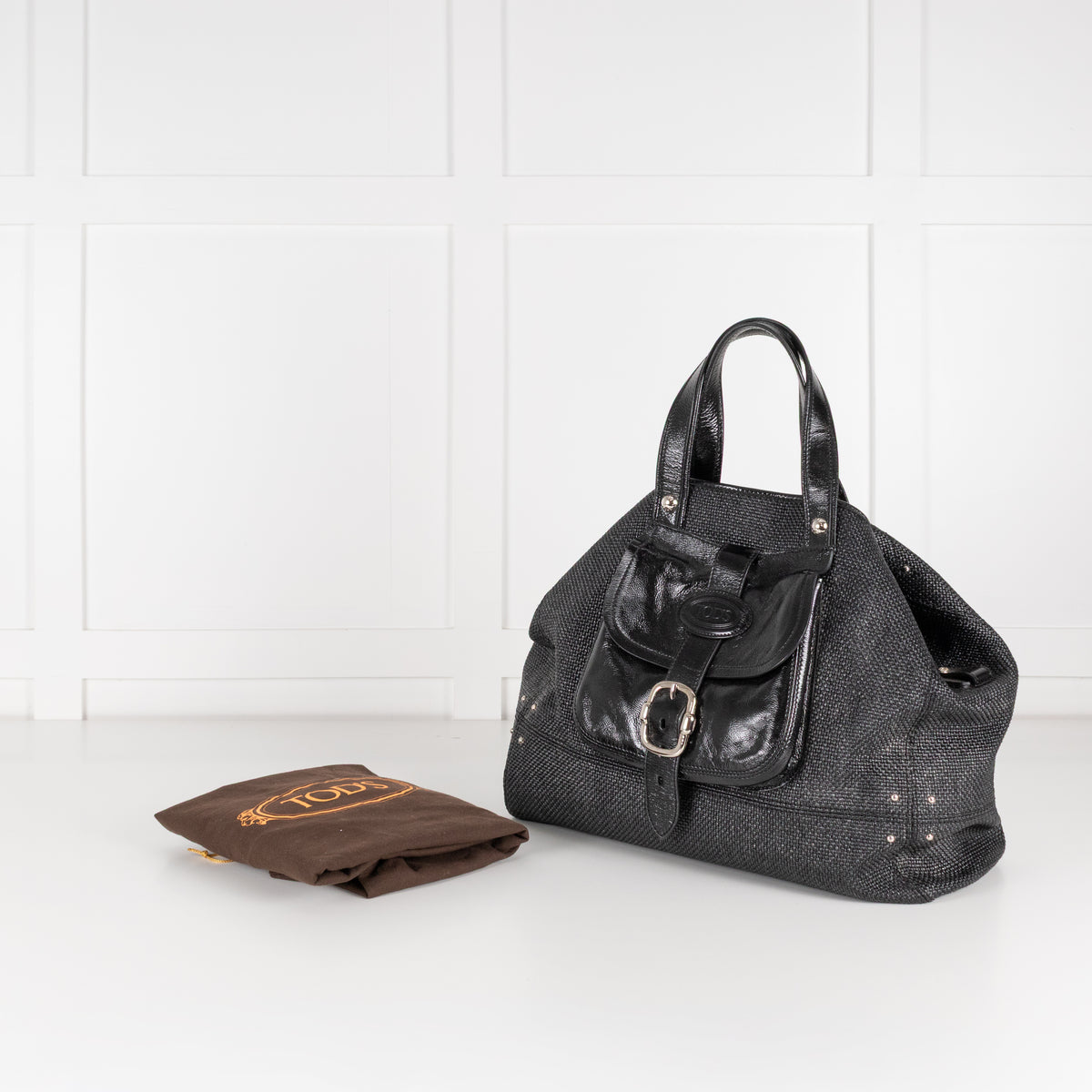 Tod's Black Coated Woven Tote With Buckle