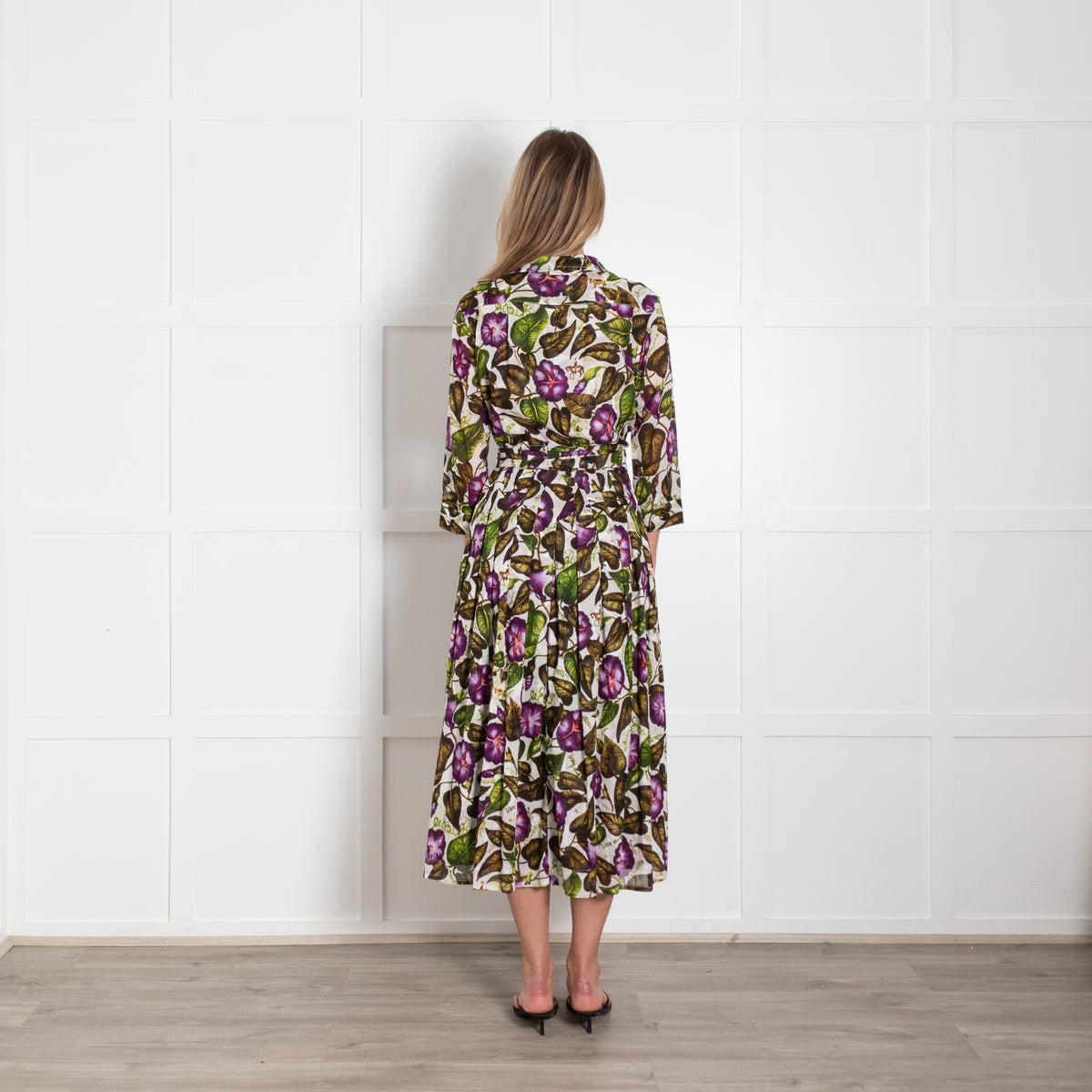 Samantha Sung White Green Purple Floral Cotton Belted Midi Dress
