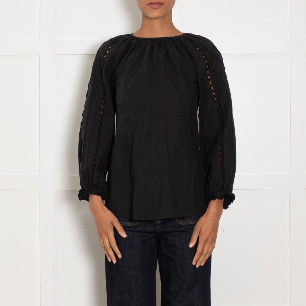 See By Chloe Black Cotton Lace Detail Long Sleeve Top