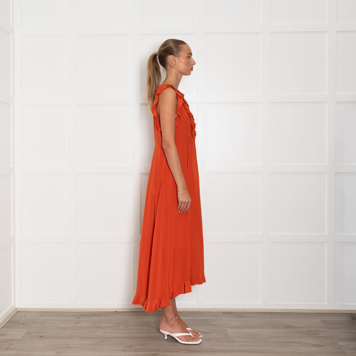 zimmermann orange dress Zimmermann Orange Silk Frilled Midi Dress – Phoenix Style