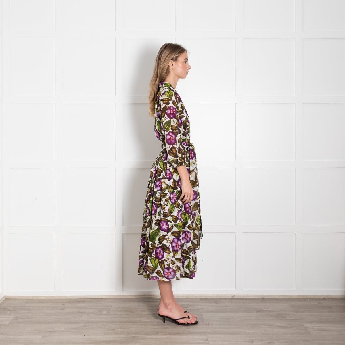 Samantha Sung White Green Purple Floral Cotton Belted Midi Dress