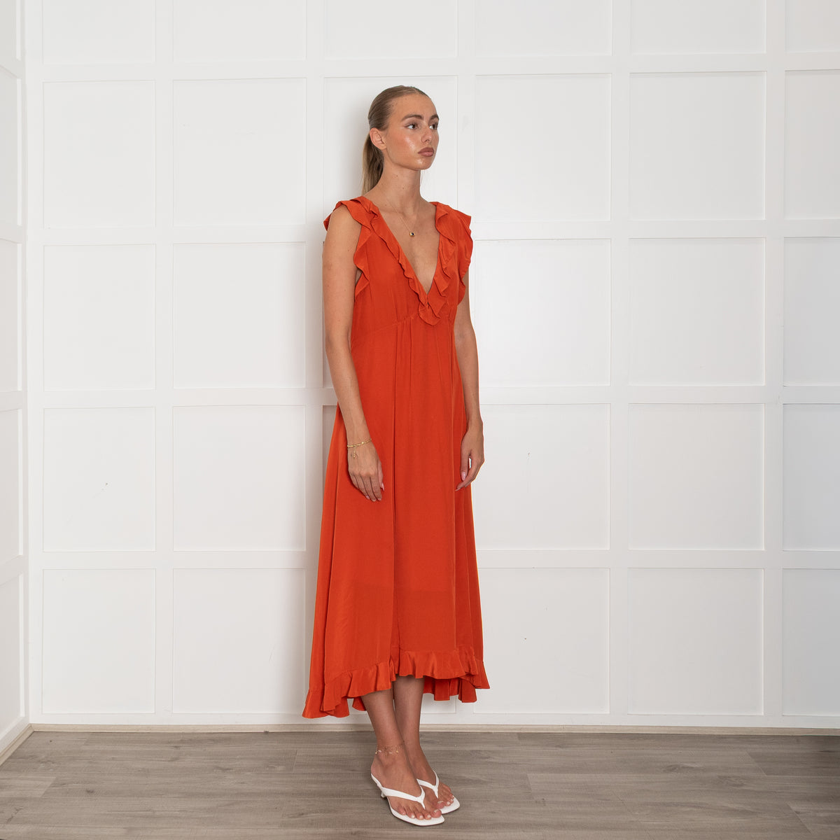 Zimmermann Orange Silk Frilled Midi Dress