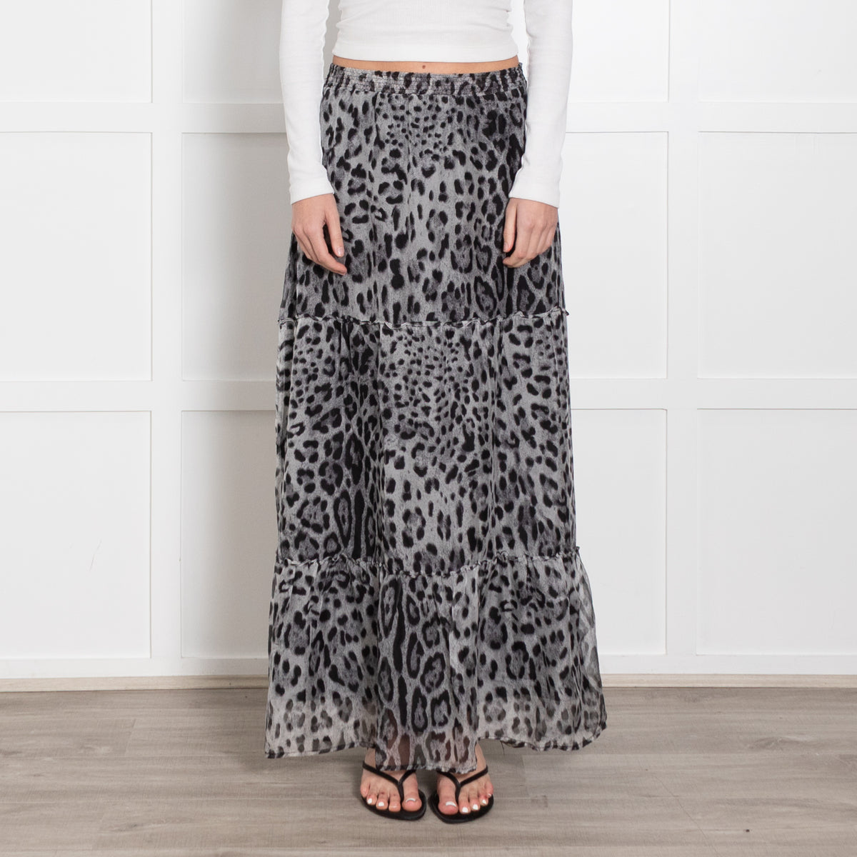 Ridley Grey Black Silk Animal Print Tiered Maxi Skirt
