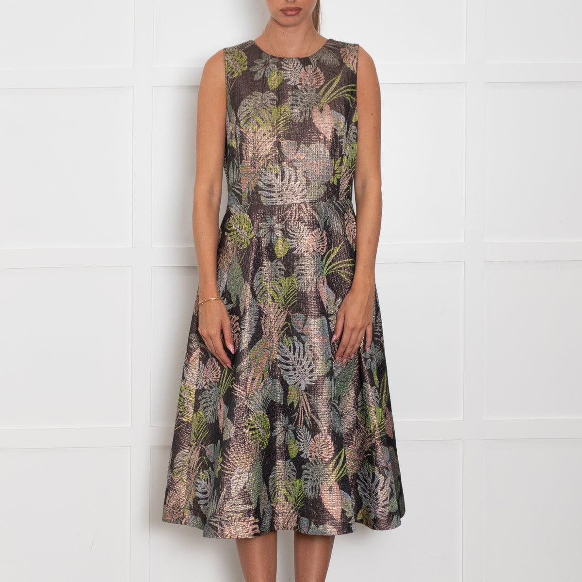 Essentiel Antwerp Bronze Leafy Print Sleeveless Dress