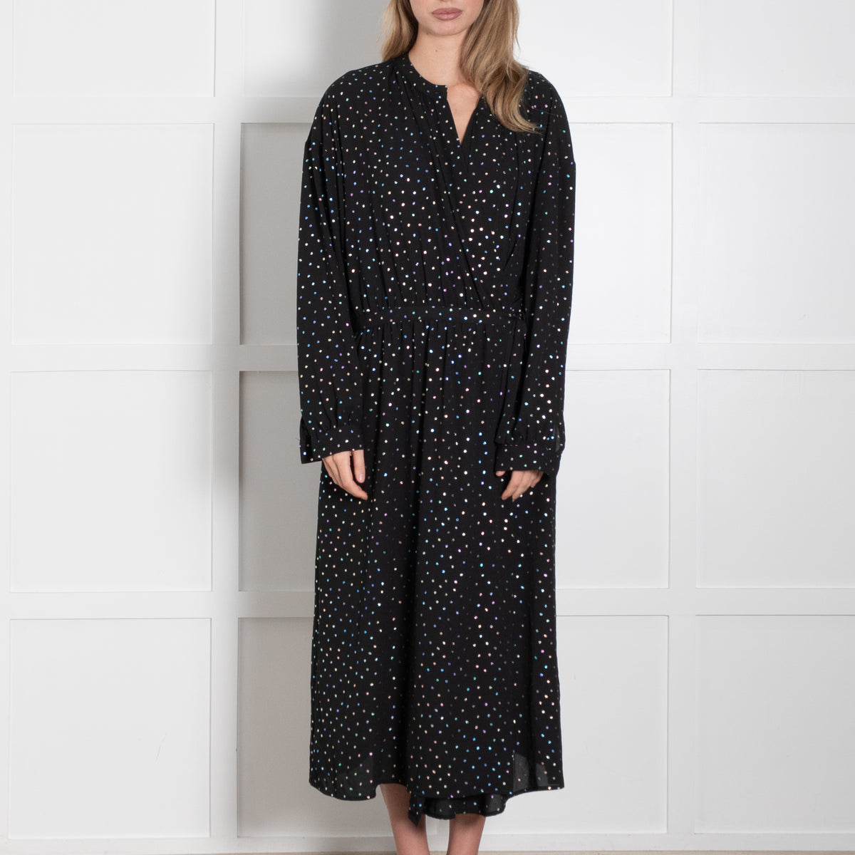 Essentiel Antwerp Black Wrap Dress with Metallic Polka Dots