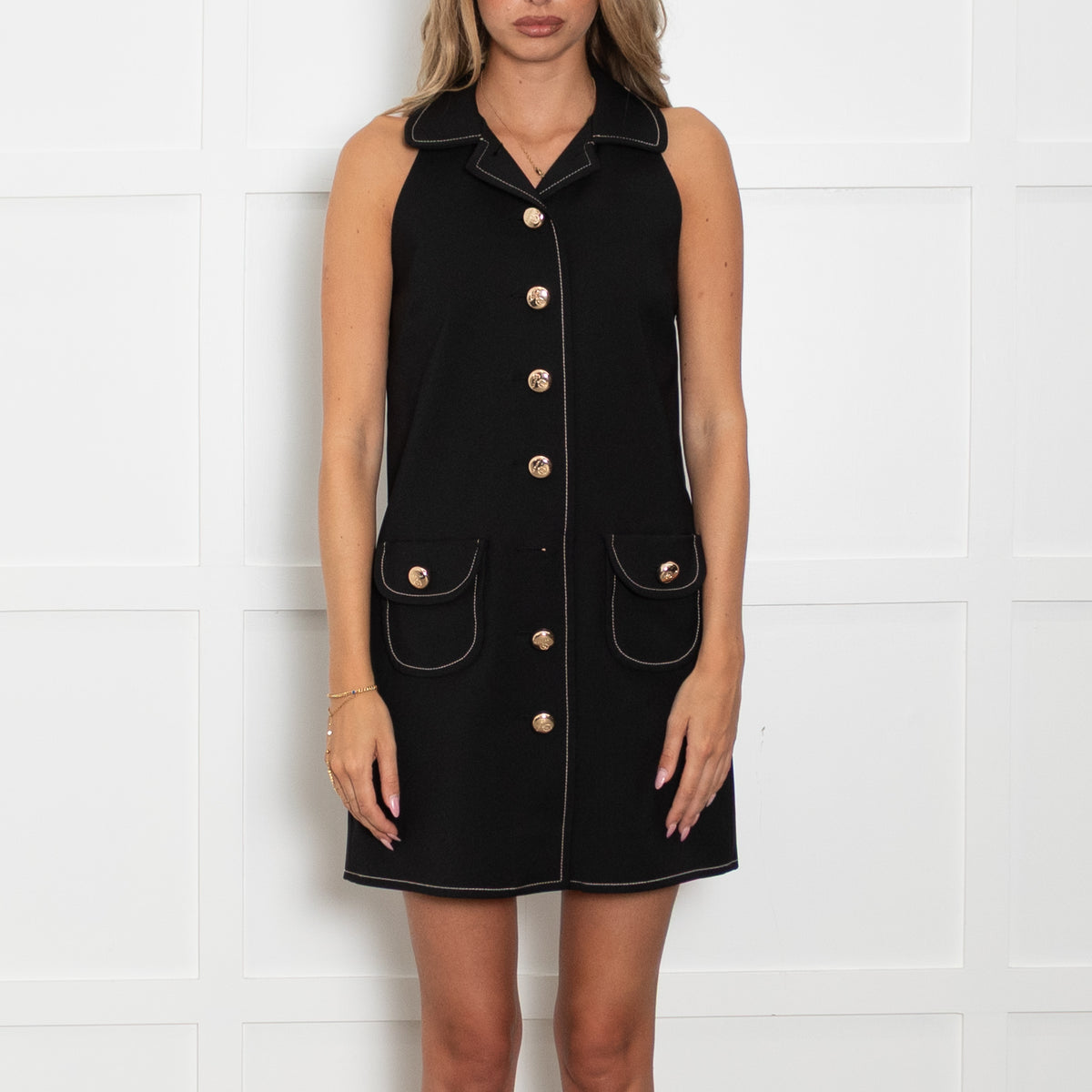 Sandro Black Sleeveless Mini Dress with Contrast Stitching
