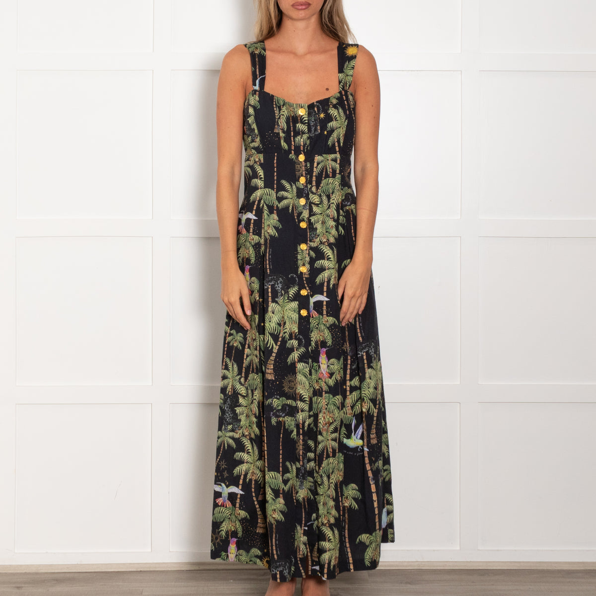 Hayley Menzies Black Cotton Palm Tree Print Sleeveless Dress