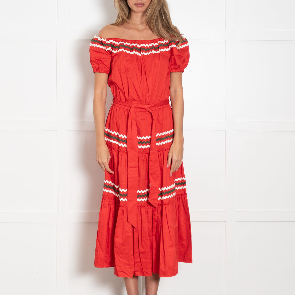 Tory Burch Red Cream Khaki Rick Rack Ribbon Trim Maxi Dress